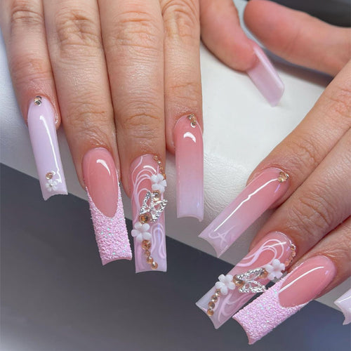 Floral and Glitter Stiletto Press-On Nails Bowlift