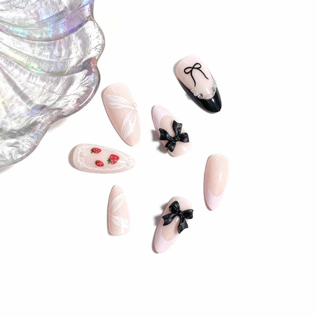 Artistic Press-On Nail Set with Bow and Berry Design Bowlift