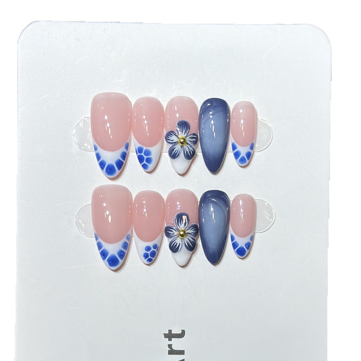 Artistic Press-On Nail Set with Floral and Geometric Accents Bowlift