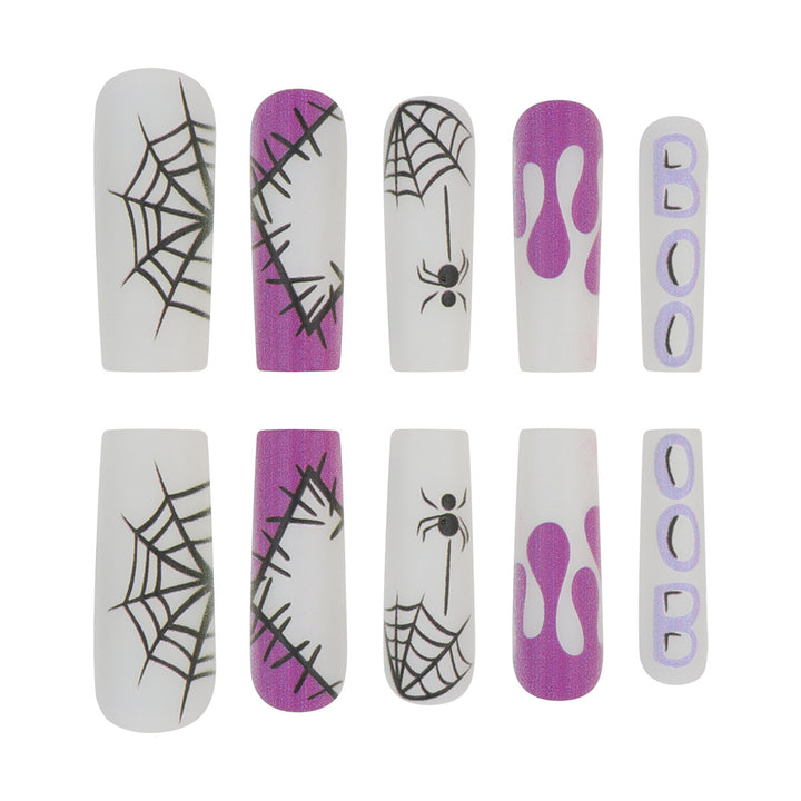 Halloween-Themed Long Press-On Nails with Spider and Drip Design Bowlift