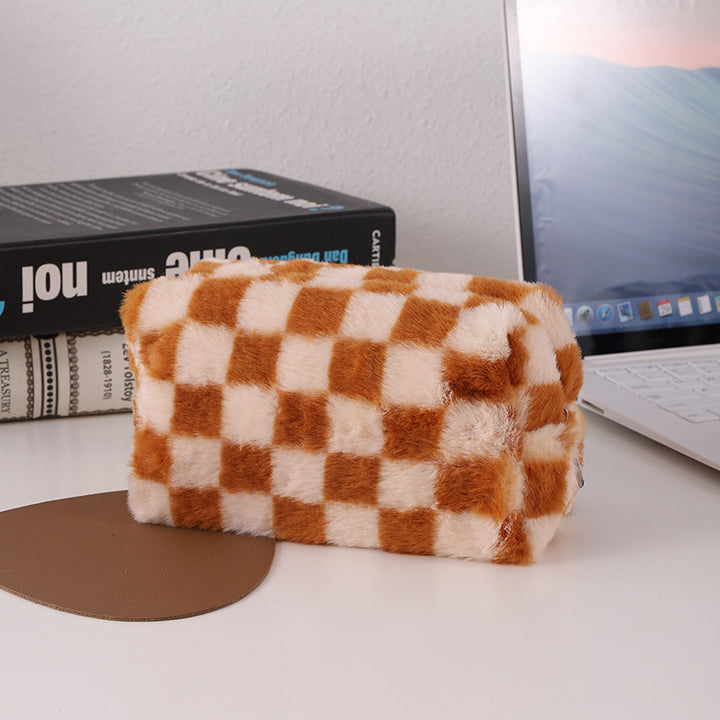 Faux Fur Checkered Zipper Makeup Organizer Pouch Bowlift