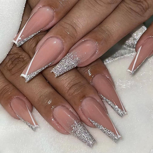 Artful stiletto nails with glitter and French tip Bowlift