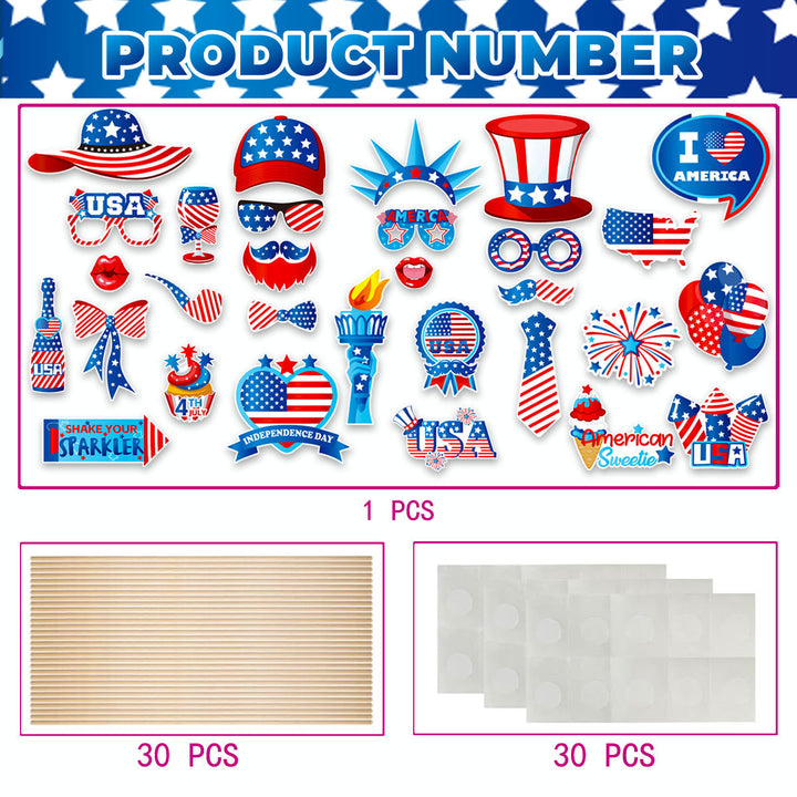 Independence Day Patriotic Photobooth Prop Sticker Kit with Wooden Sticks and Removable Adhesive Dots Bowlift