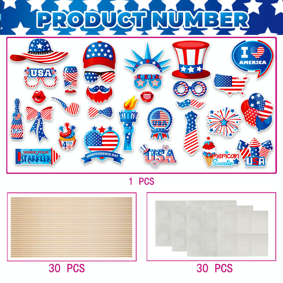 Unisex photo props set with self-adhesive USA-themed stickers, wooden sticks, and adhesive pads Bowlift