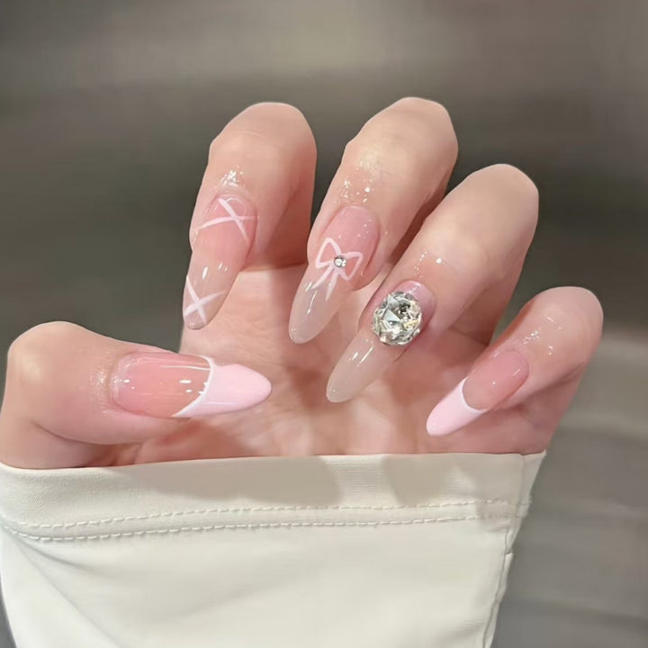 Artistic Press-On Nail Set with Floral and Gemstone Accents Bowlift