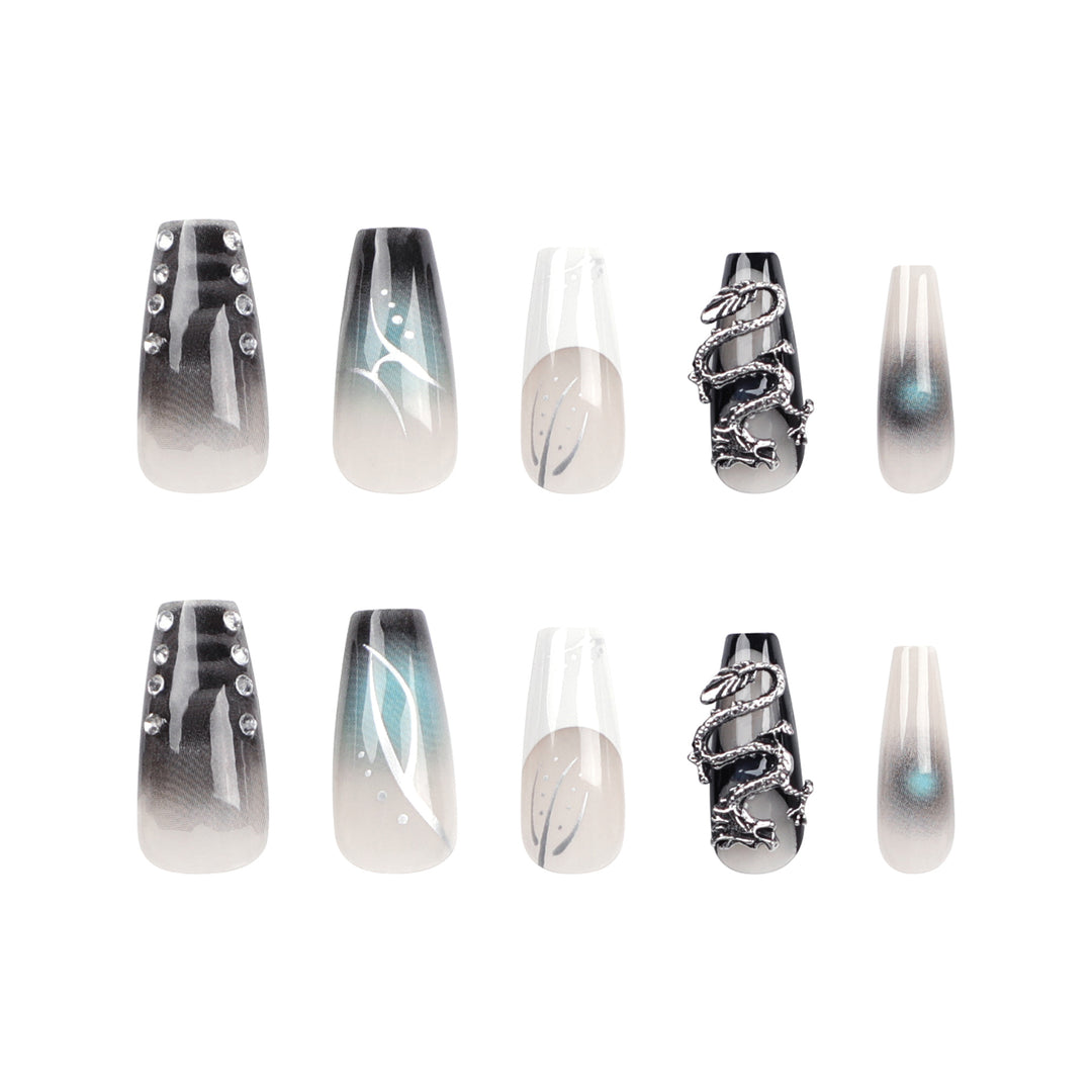 Artistic acrylic nails in elegant ombre design with elaborate details Bowlift