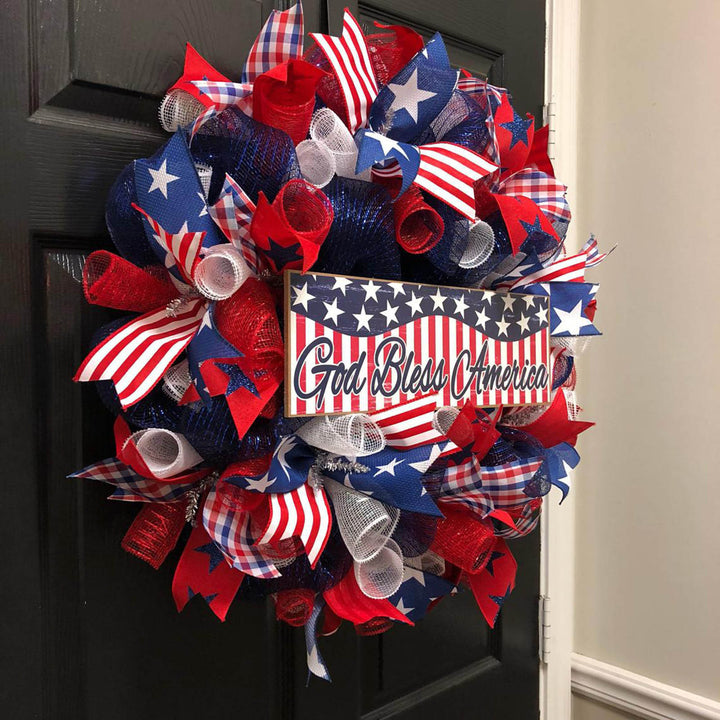 Unisex nan patriotic burlap starburst wreath with layered mesh petals and jute rosette center Bowlift