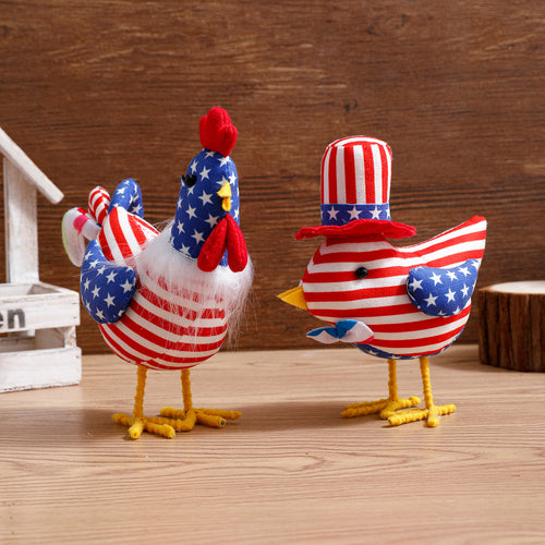 Unisex nan decorative plush rooster in Americana design with star pattern and standing wire legs Bowlift