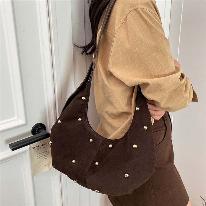 WoTextured Suede Hobo Bag with Decorative Studs Bowlift