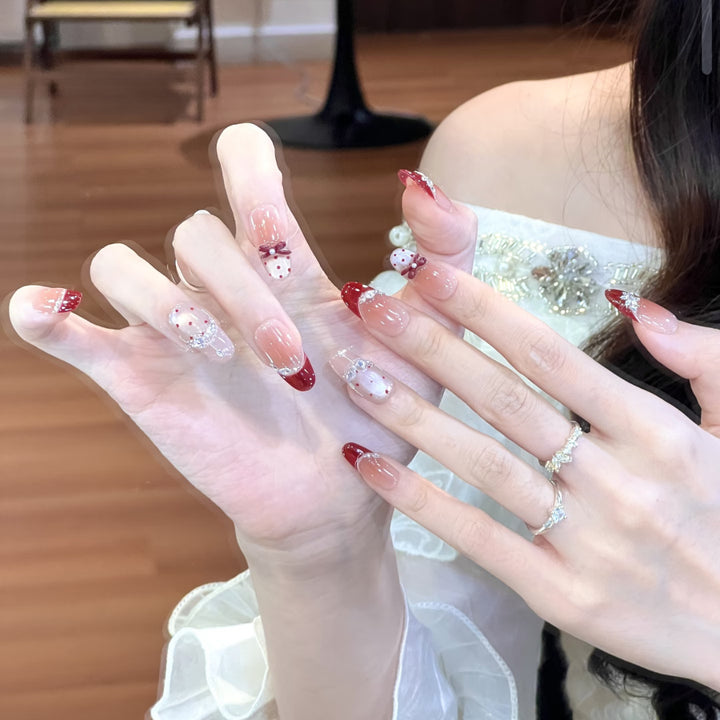 Elegant Press-On Nail Set with Heart and Bow Designs Bowlift