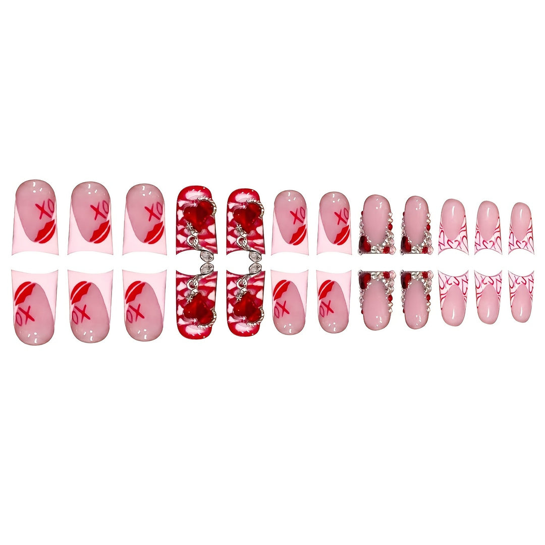 Romantic Heart-Themed Press-On Nail Art Set Bowlift