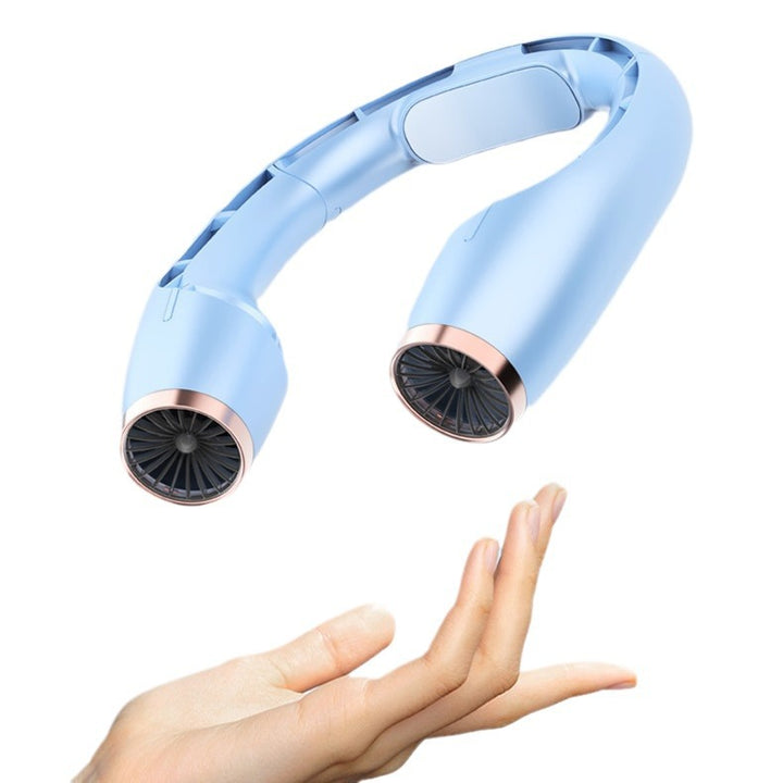 Cooling wearable dual-turbine neck fan with adjustable-angle air outlets and LED battery display Bowlift