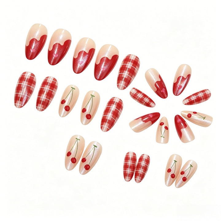 Artificial nails with romantic cherry and checkered pattern Bowlift