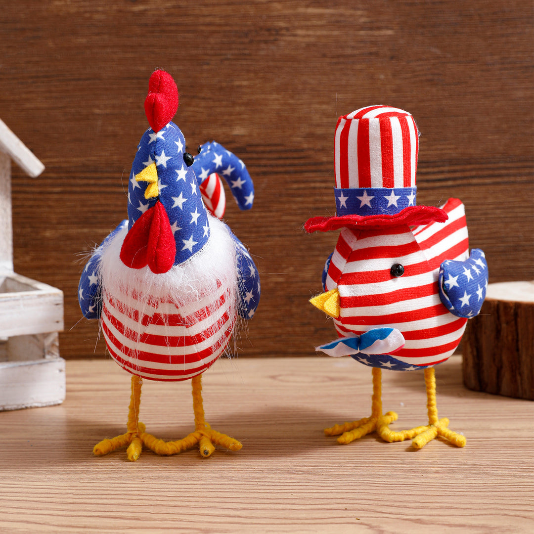 Unisex nan decorative plush rooster in Americana design with star pattern and standing wire legs Bowlift