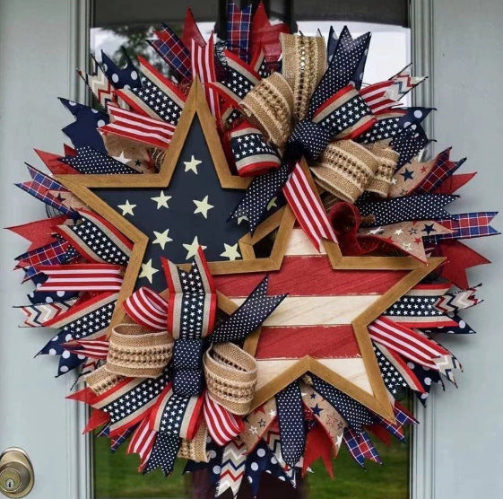 Unisex rustic patriotic door wreath with wooden sign heart motif and bow bouquet Bowlift
