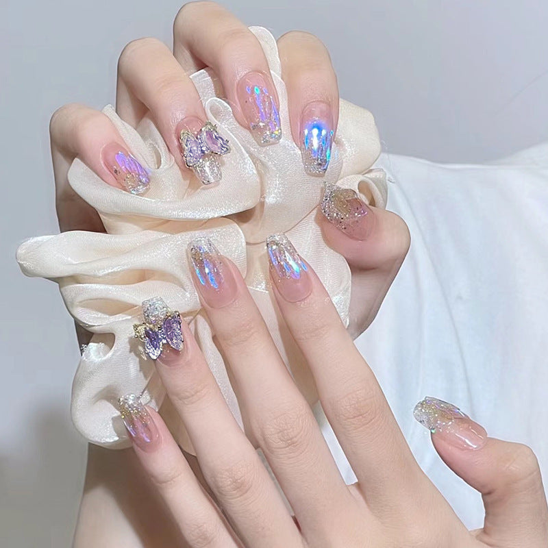 Acrylic Nail Set with Glitter and 3D Butterfly Decorations Bowlift