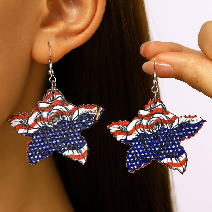 Women's nan patriotic novelty dangle hook earrings with laser-printed wooden fireworks charm Bowlift