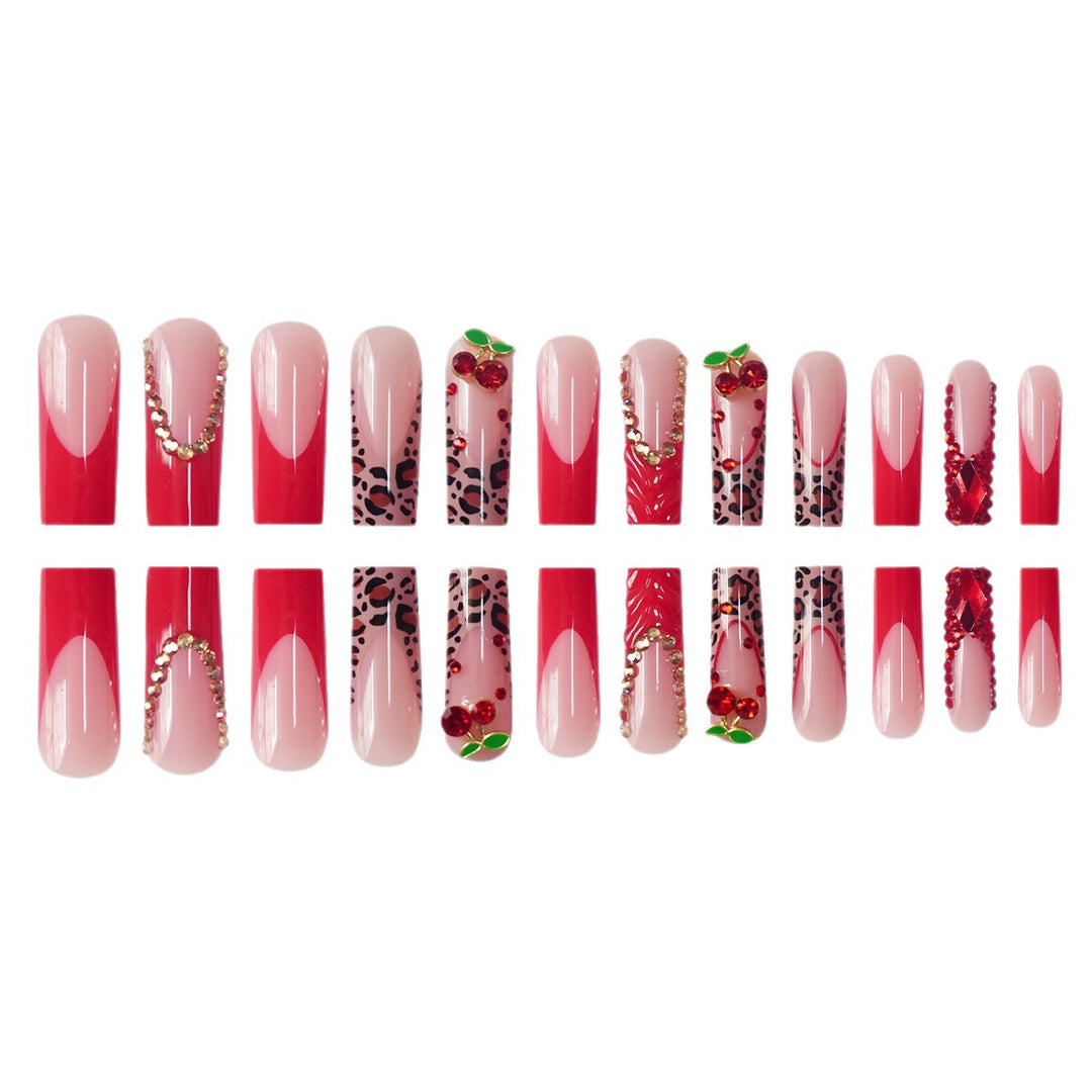 Decorative Long Press-On Nail Set with Gemstone and Floral Accents Bowlift