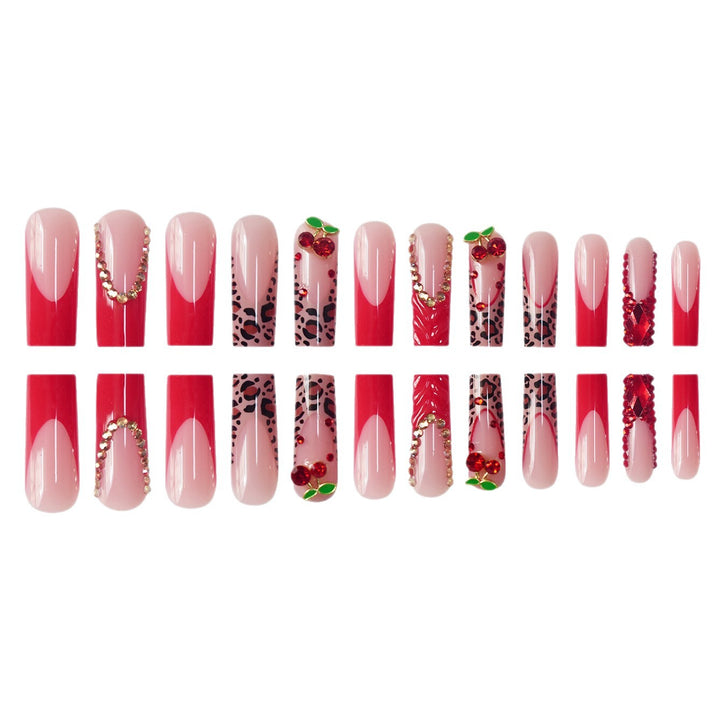 Decorative Long Press-On Nail Set with Gemstone and Floral Accents Bowlift