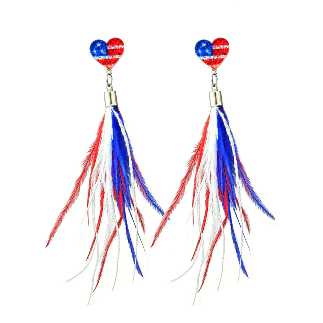 Ladies long feather earrings with tassels, round cabochon stud and nickel-free setting Bowlift