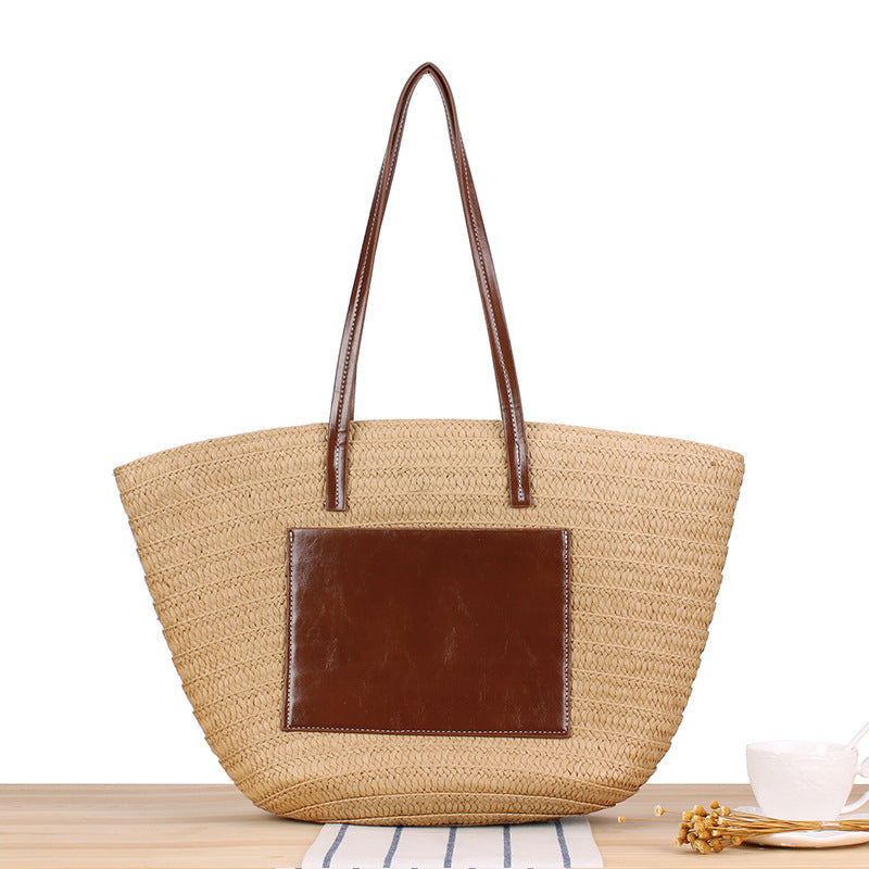 Trendy Beach Bag Made of Woven Straw and Leather Accents Bowlift