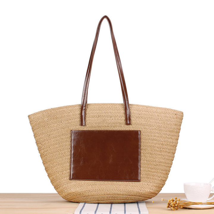 Trendy Beach Bag Made of Woven Straw and Leather Accents Bowlift