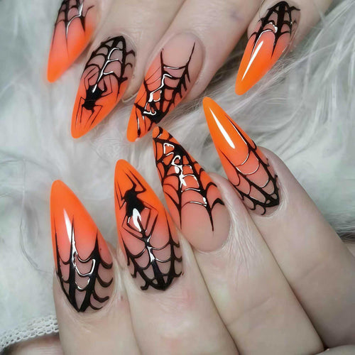 Halloween Themed Stiletto Press-On Nails with Spider Web Design Bowlift