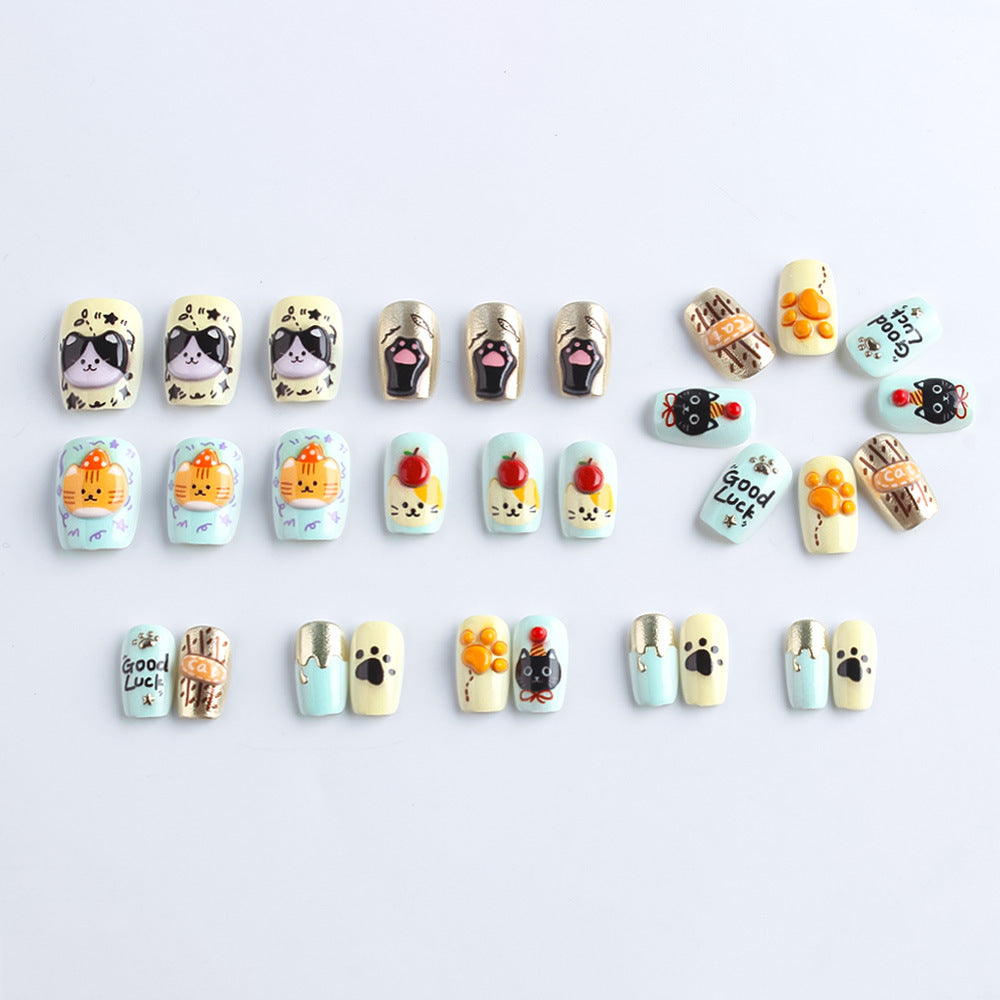 Whimsical Cat-Themed Press-On Nail Art Bowlift