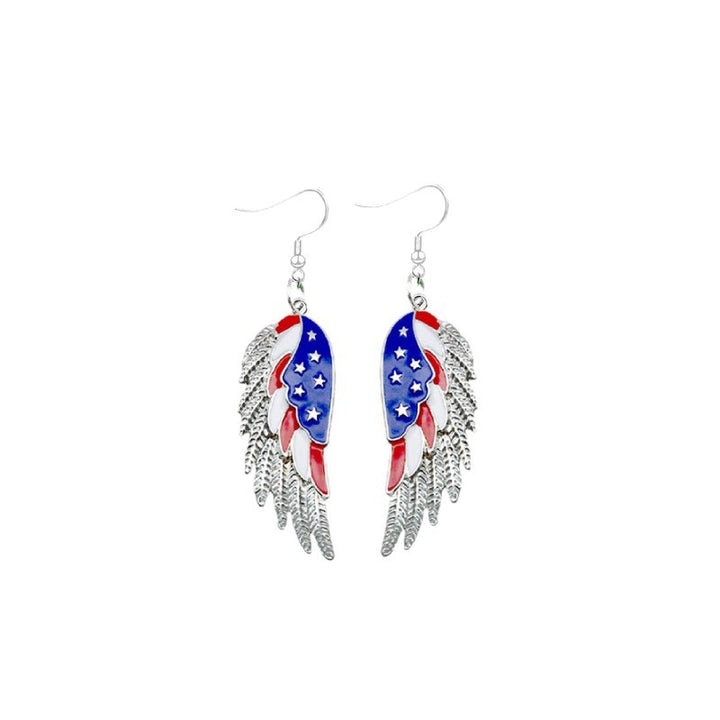Women's nan patriotic enamel angel wing dangle earrings with stars and stripes motif and layered feather detail Bowlift