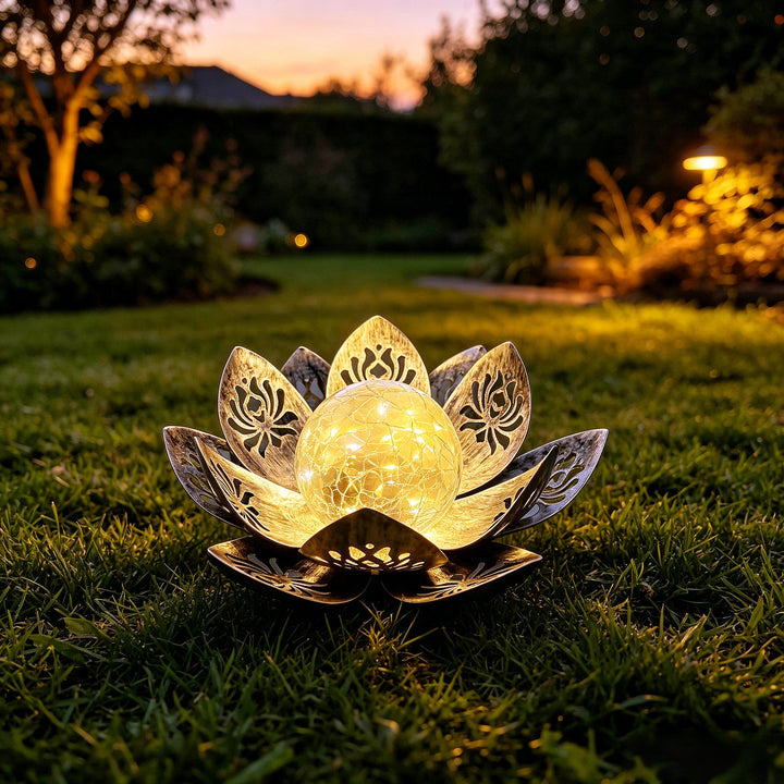 Decorative Lotus Solar Garden Light With Cracked Glass Orb Bowlift
