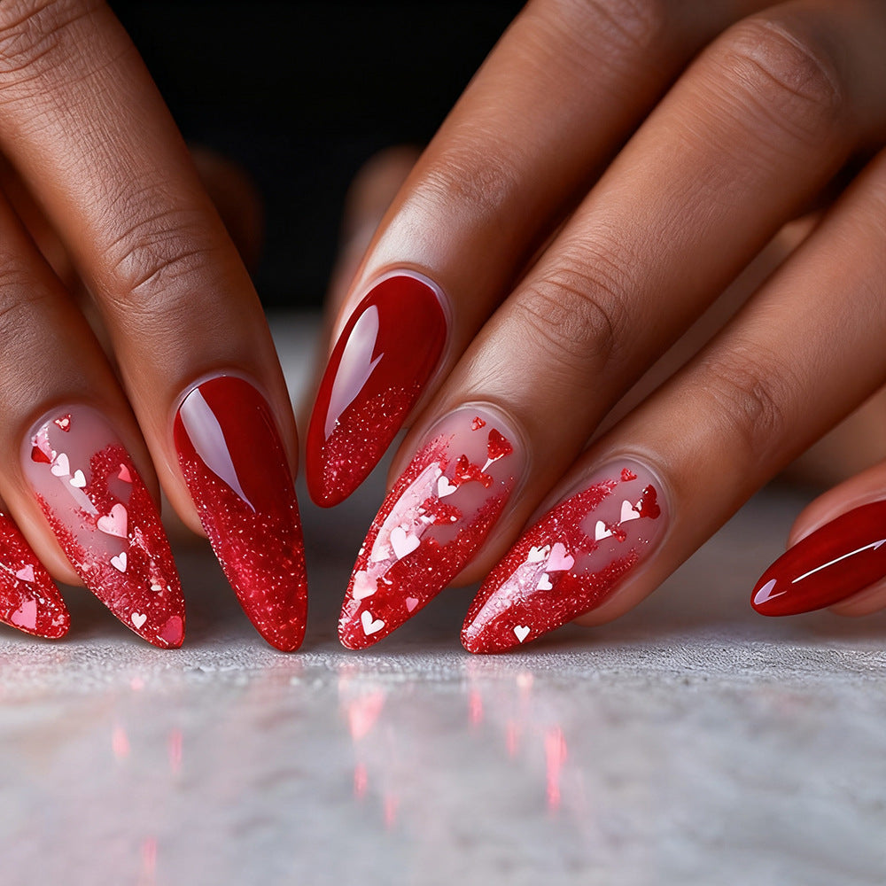 Heart-Embellished Glamourous Press-On Nails Bowlift