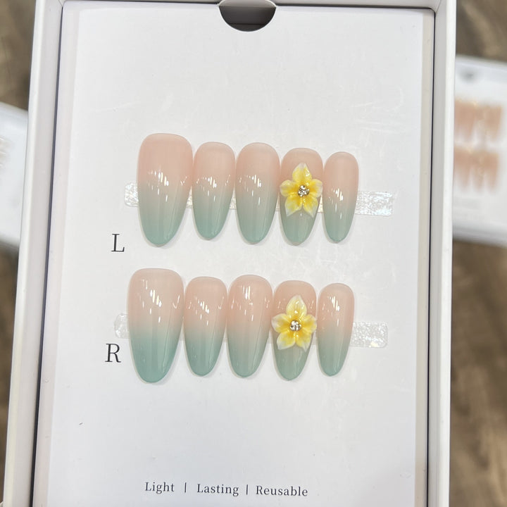 Elegant Ombre Press-On Nail Set with Floral Accents Bowlift