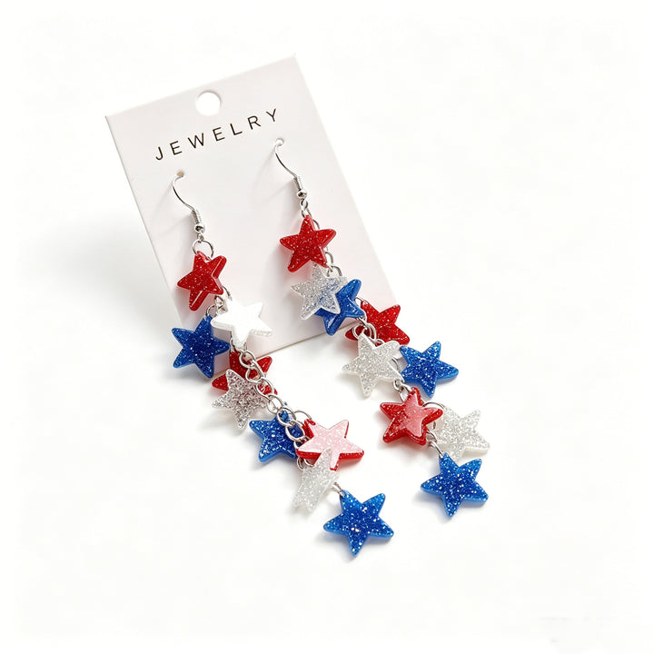 Women's nan patriotic triple-tier glitter star dangle earrings with fishhook wires Bowlift