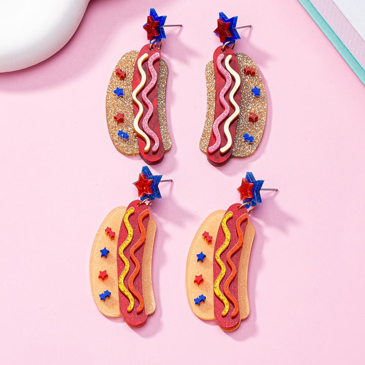 Women's original statement earrings in hotdog design with star stud and layered acrylic mix Bowlift