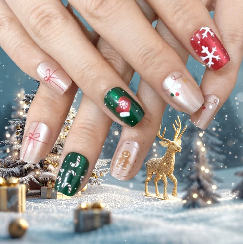 Festive Holiday-Themed Press-On Nail Art Set Bowlift