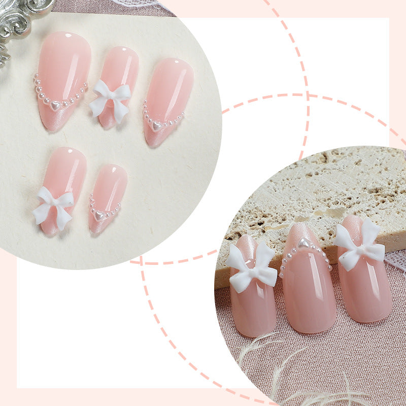 Decorative Press-On Nail Art Set with Elegant Bow and Pearl Accents Bowlift