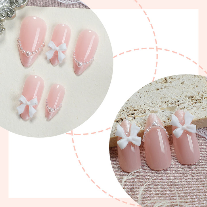 Decorative Press-On Nail Art Set with Elegant Bow and Pearl Accents Bowlift
