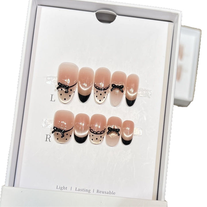 Elegant Reusable Press-On Nail Art Set with Charming Bow Accents Bowlift