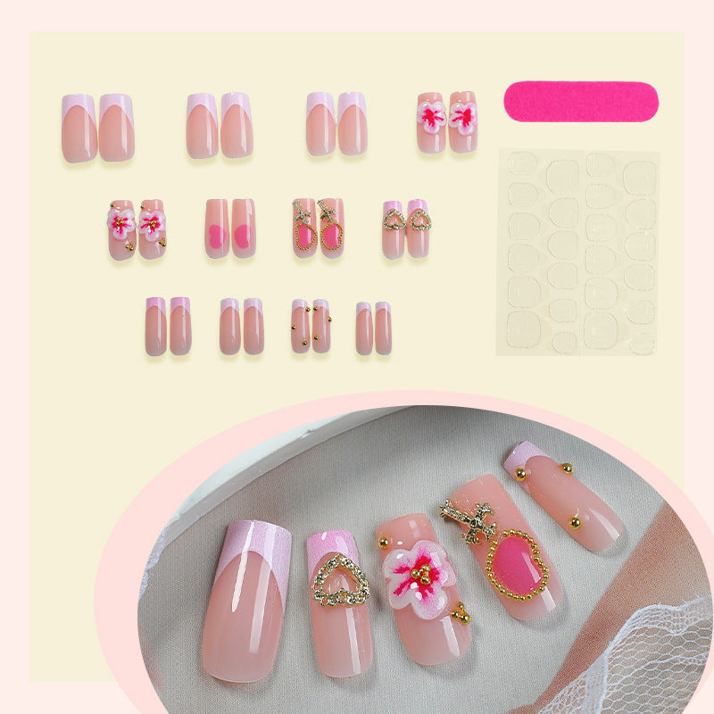 Decorative Floral Press-On Nail Set with Gem Accents Bowlift