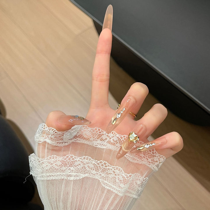 Elegant Rhinestone-Embellished Long Press-On Nail Extensions Bowlift