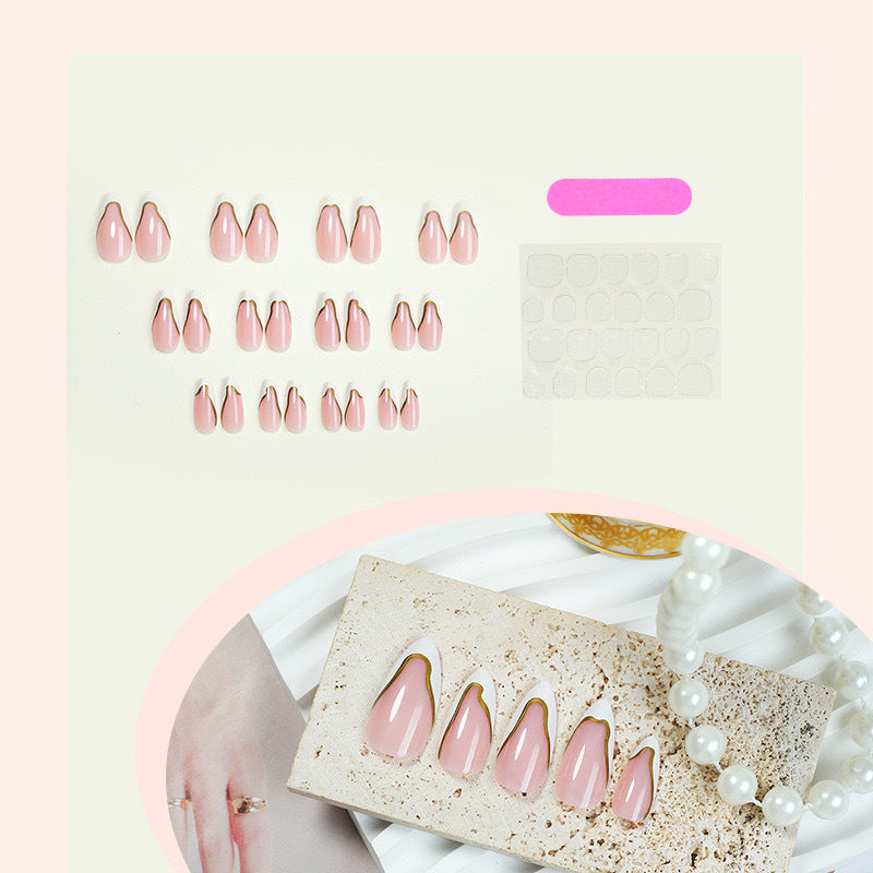 Artificial nail set with elegant French design and gold accents Bowlift