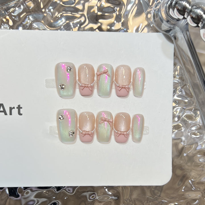 Decorative Press-On Nail Art Set with Artistic Bow and Pearl Accents Bowlift