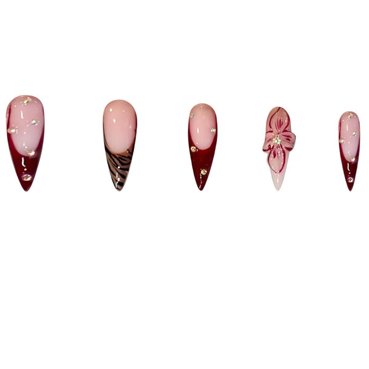 Elegant Stiletto Press-On Nail Art Set with Floral and Geometric Designs Bowlift