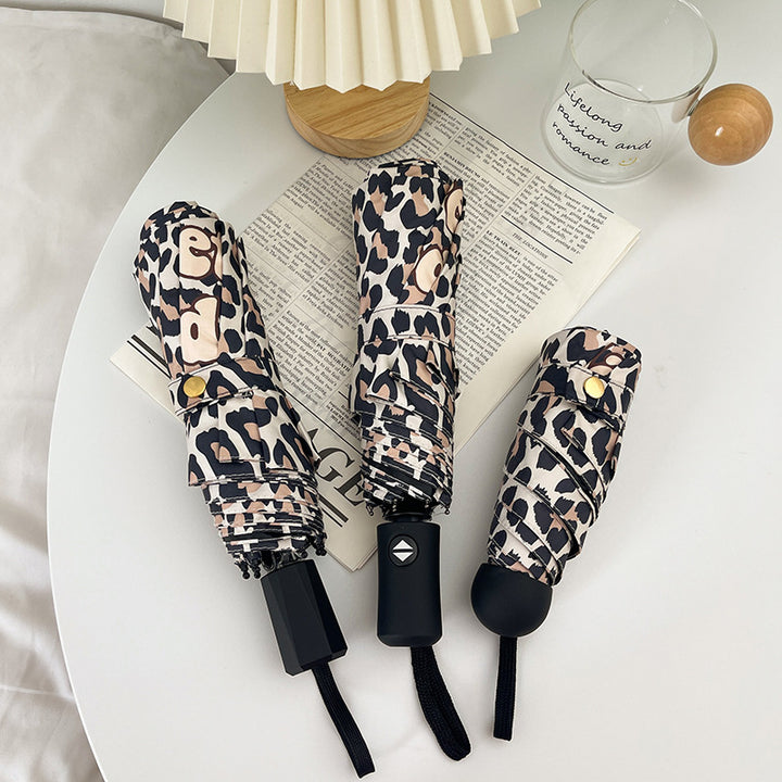 Women's Foldable Umbrella with Dynamic Leopard Pattern Bowlift