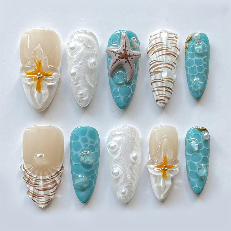 Beach-Inspired Press-On Nail Set with Ocean and Starfish Designs Bowlift