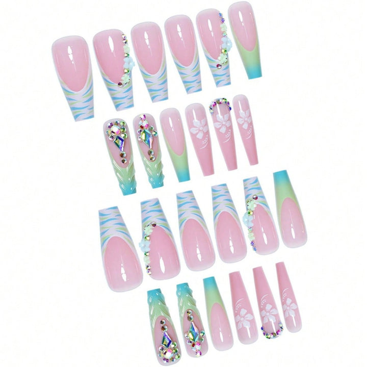 Decorative Long Press-On Nail Art with Gemstone Accents Bowlift