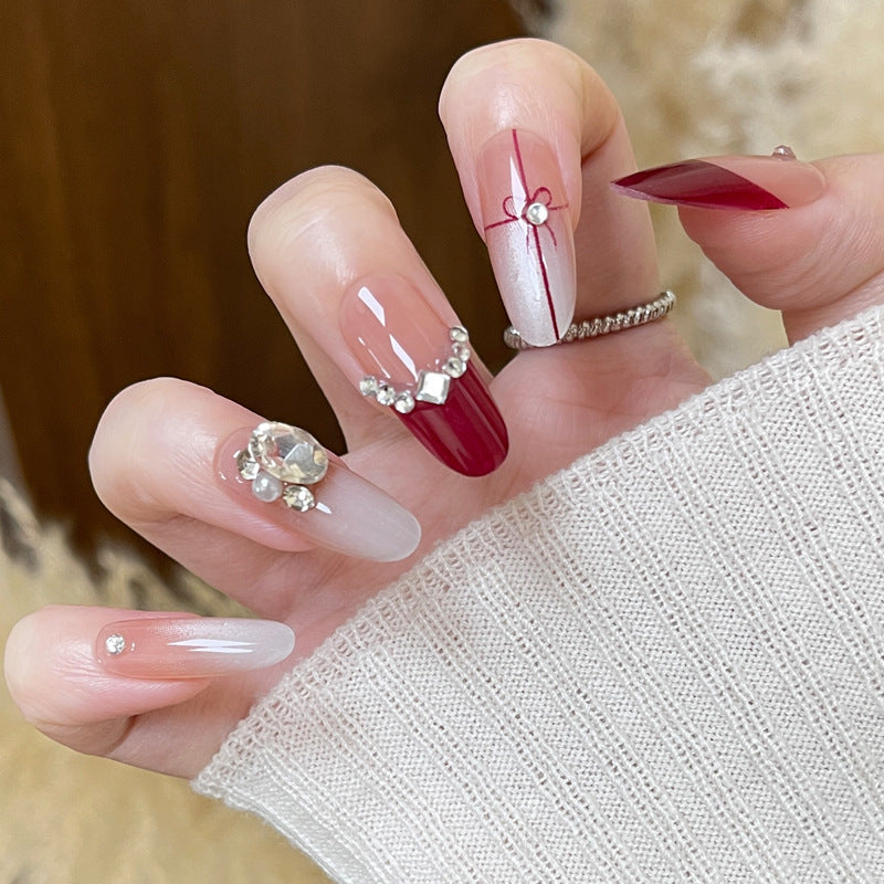 Elegant Decorative Press-On Nail Set with Rhinestone Accents Bowlift