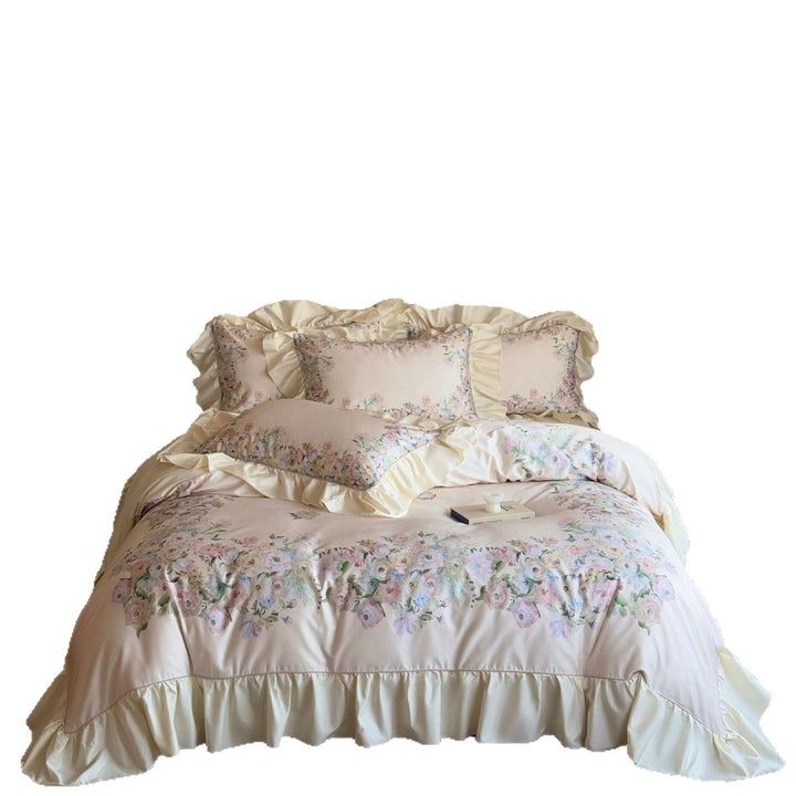 Luxurious bedding set with ruffles and watercolor floral pattern