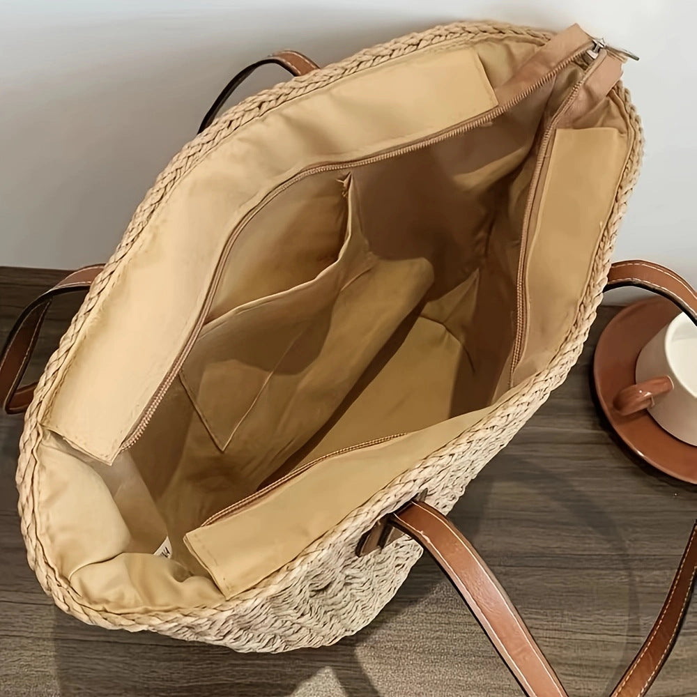 Handbag with Woven Design and Leather Handles Bowlift