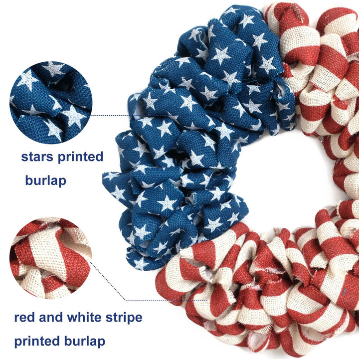 Unisex nan patriotic burlap looped front door wreath with star and stripe Americana pattern Bowlift